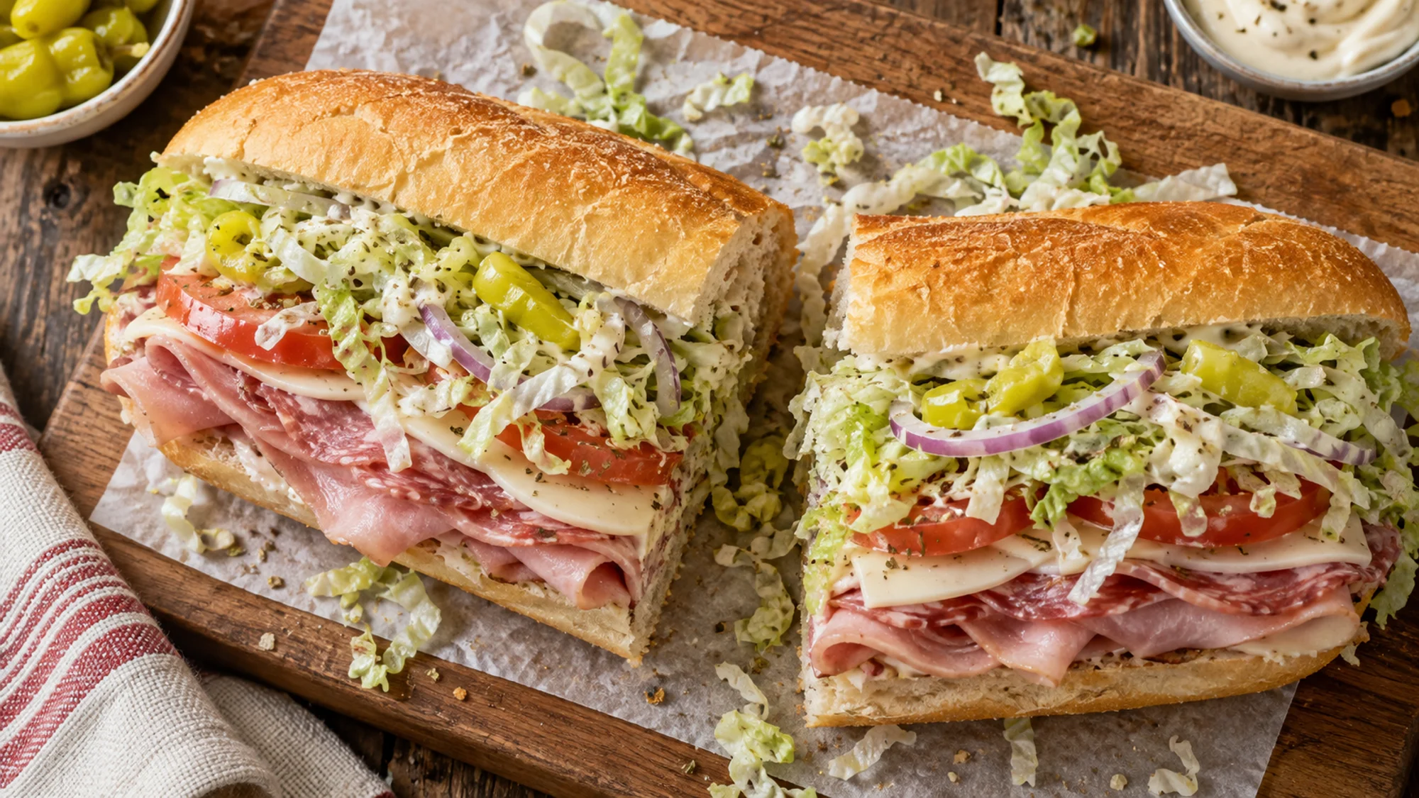 Two grinder sandwich halves with creamy pepperoncini lettuce salad