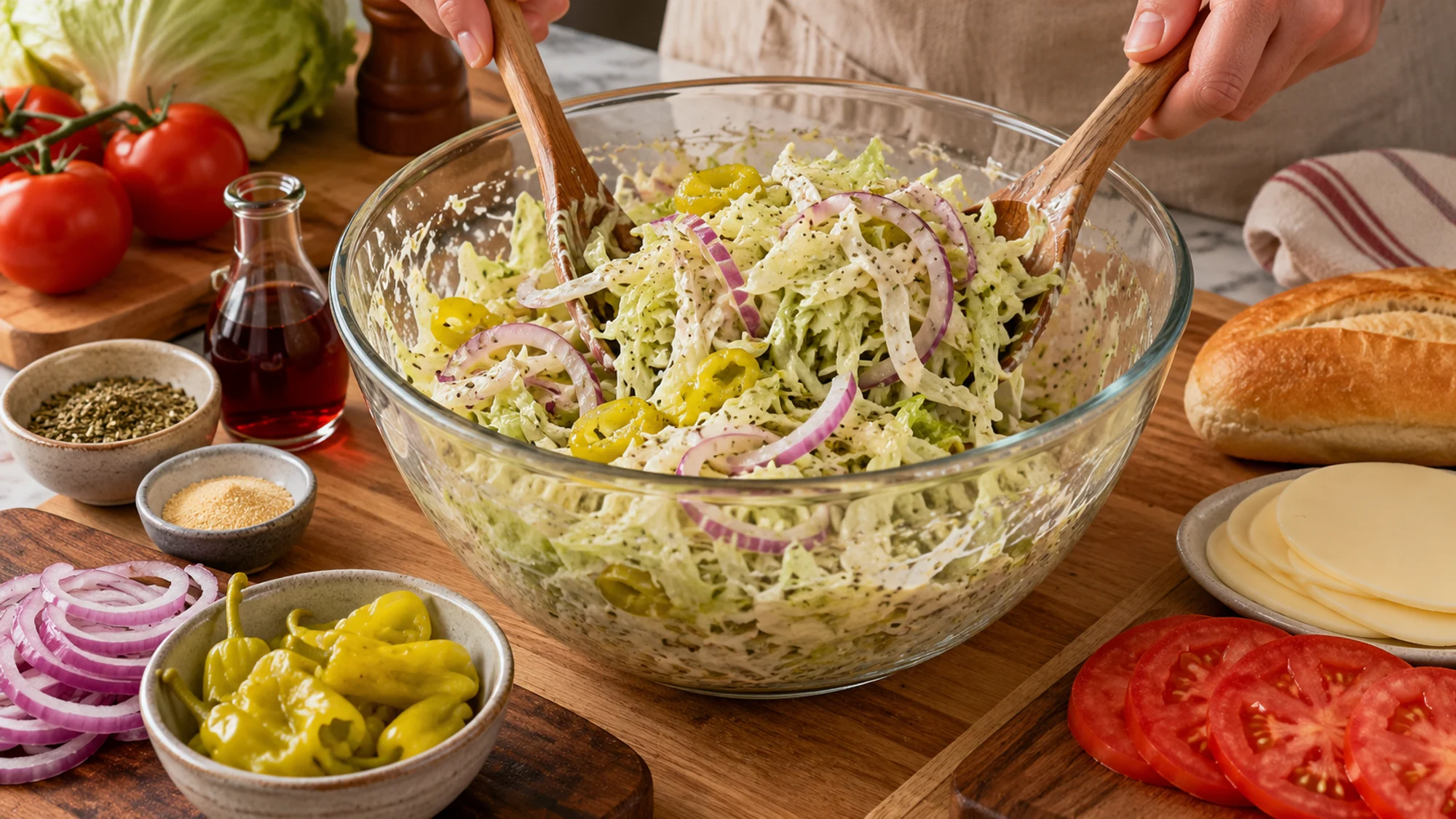 Shredded lettuce red onion and pepperoncini tossed in creamy dressing