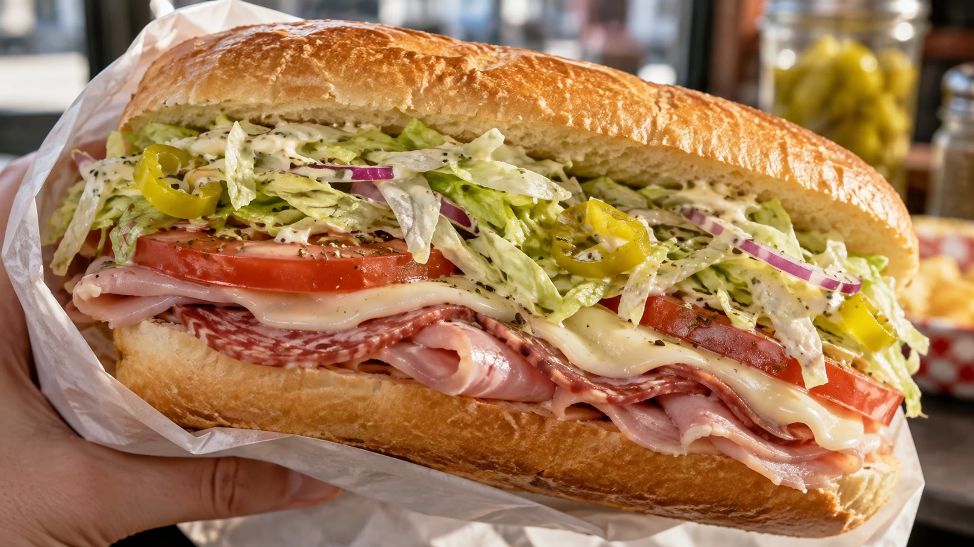 Grinder salad sandwich wrapped for serving