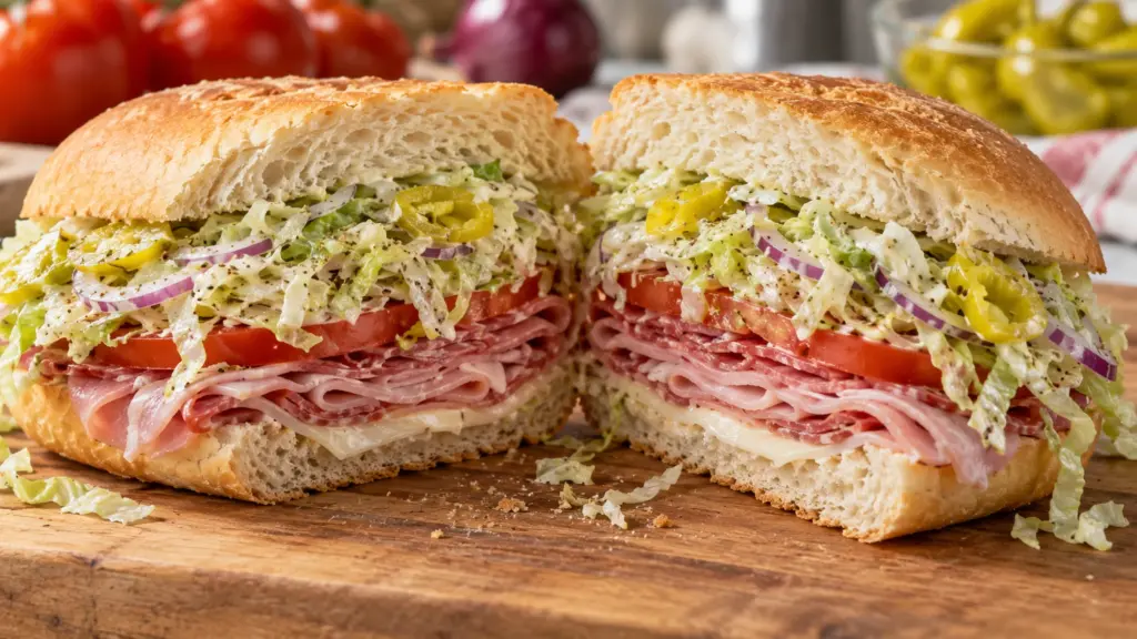 Grinder salad sandwich with ham salami provolone tomato and crisp lettuce