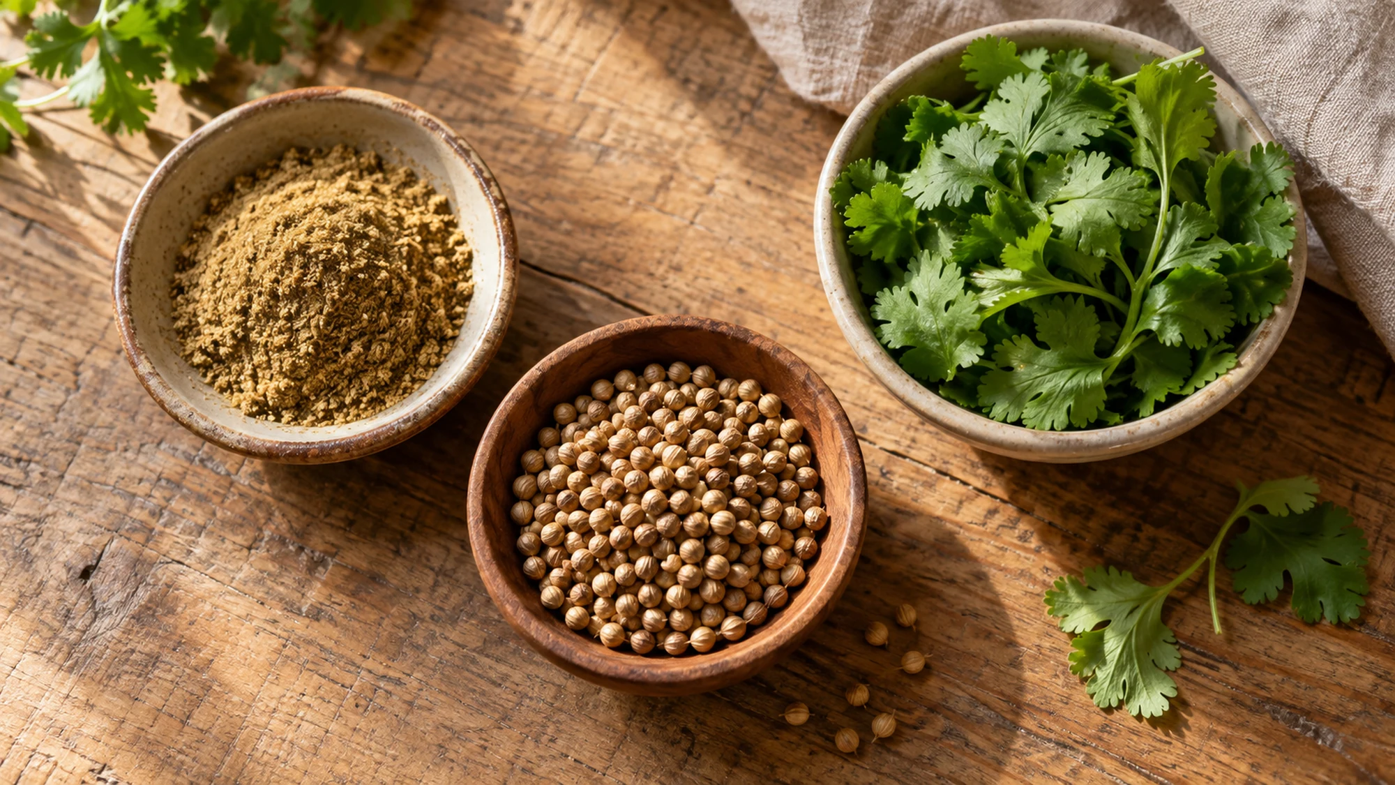 Separate dishes of ground coriander, whole coriander seeds and fresh cilantro leaves.