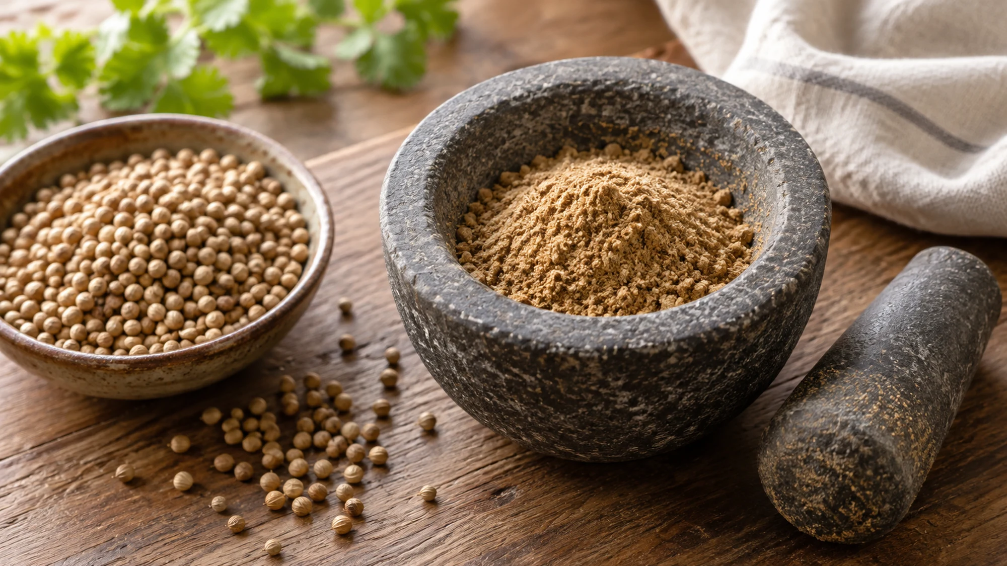 Ground coriander powder in a stone mortar beside whole coriander seeds.