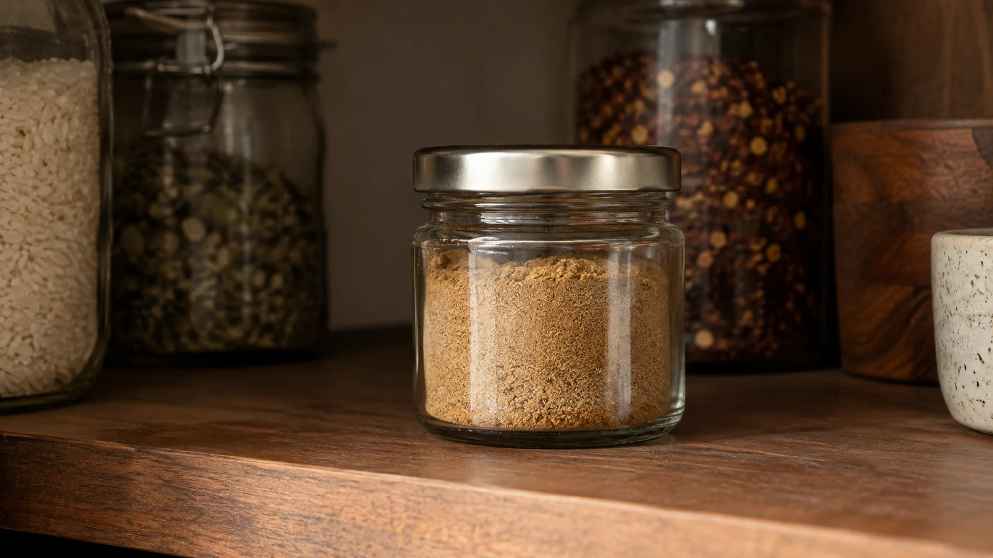 Closed glass jar of ground coriander on a pantry shelf.