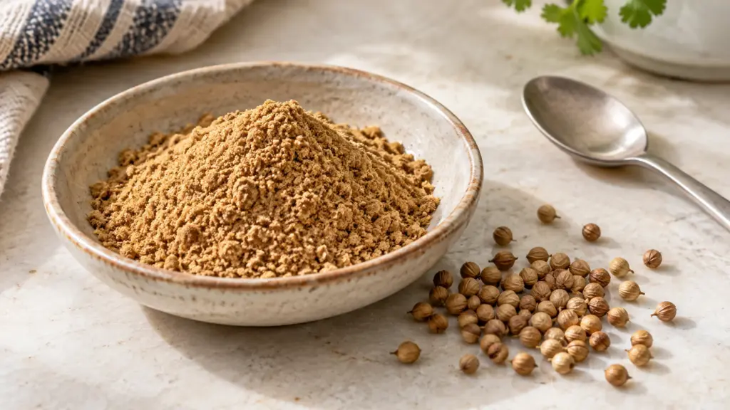 Tan ground coriander in a shallow dish beside round whole coriander seeds.