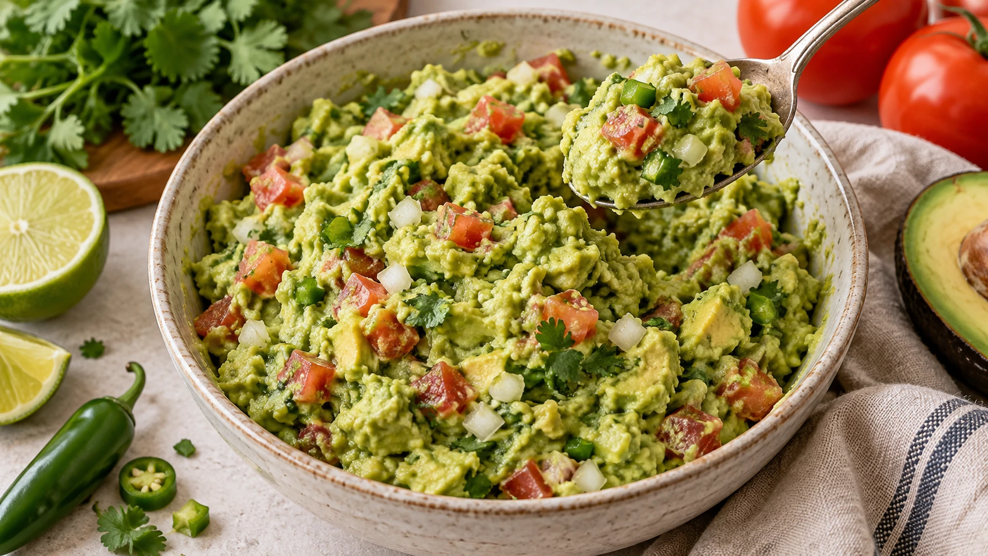 Overhead guacamole bowl with diced tomato, white onion, serrano and fresh cilantro