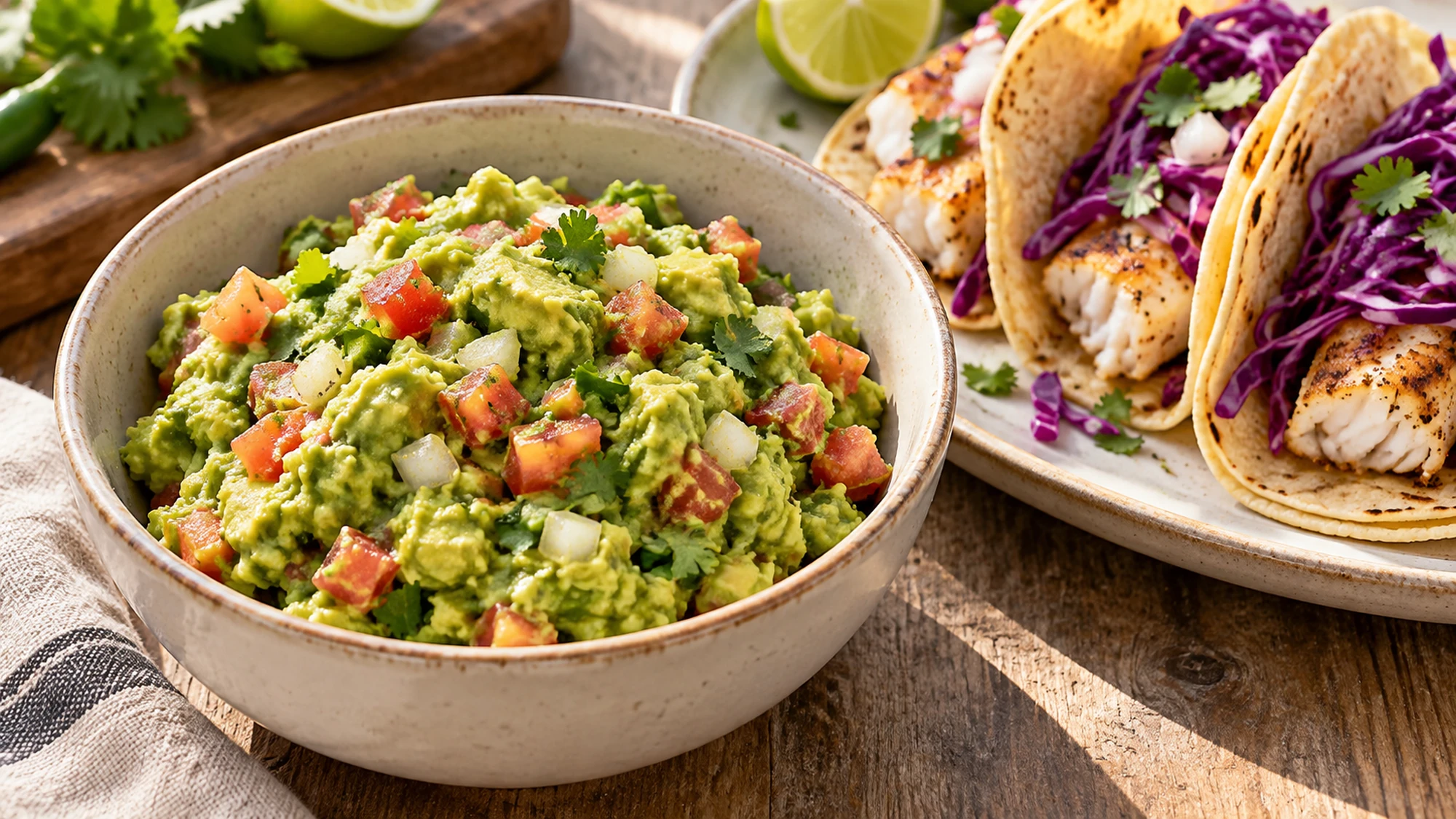 Chunky guacamole served beside baked fish tacos with crunchy cabbage