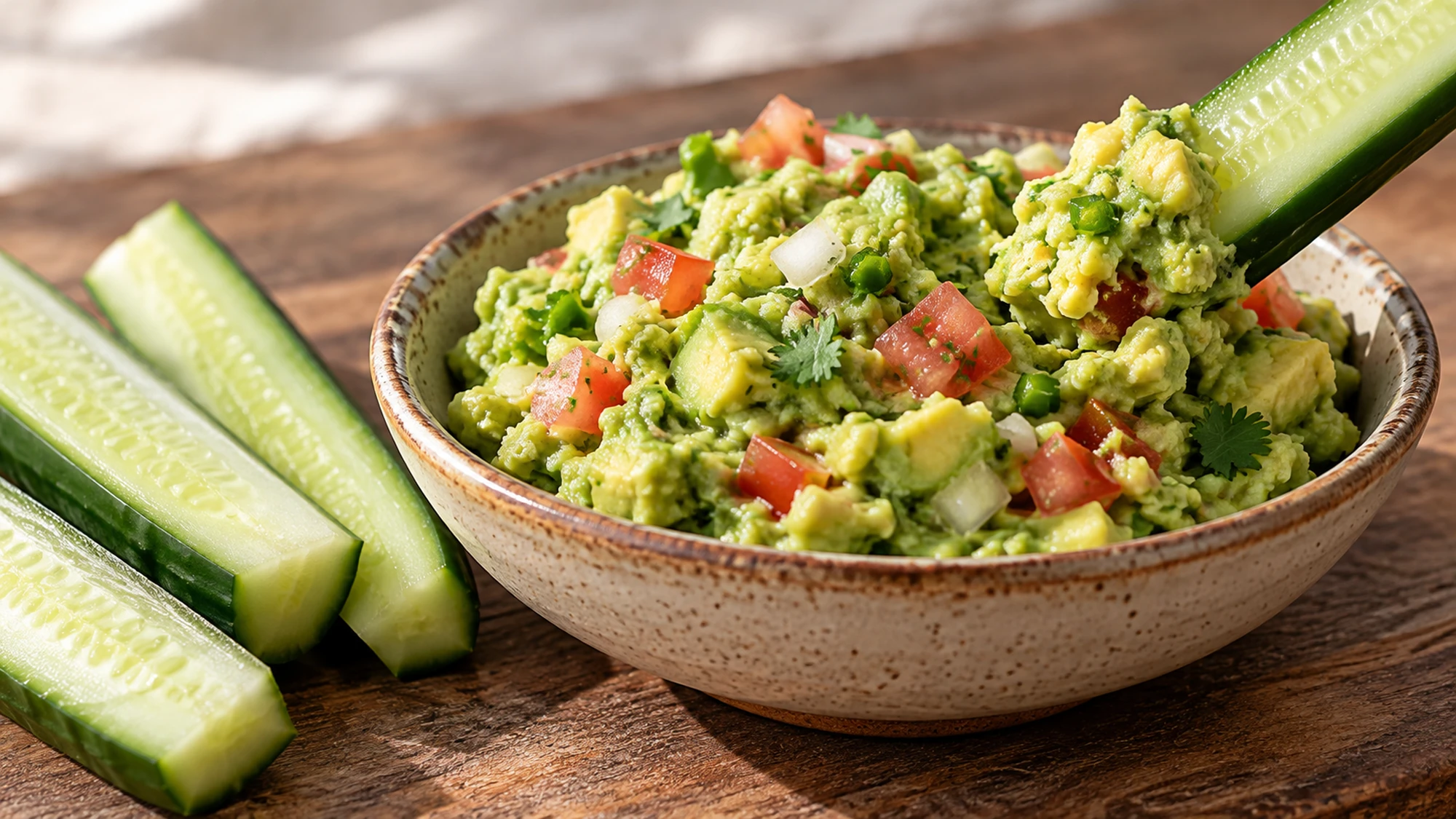 Cucumber spear dipped into chunky avocado guacamole with tomato and cilantro