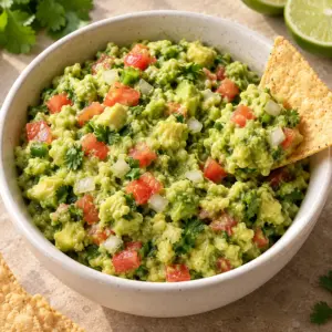 Square close-up of chunky guacamole with a tortilla chip beside the bowl