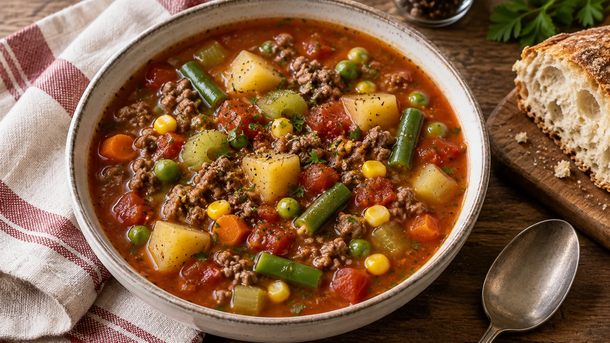 Overhead bowl of hamburger vegetable soup
