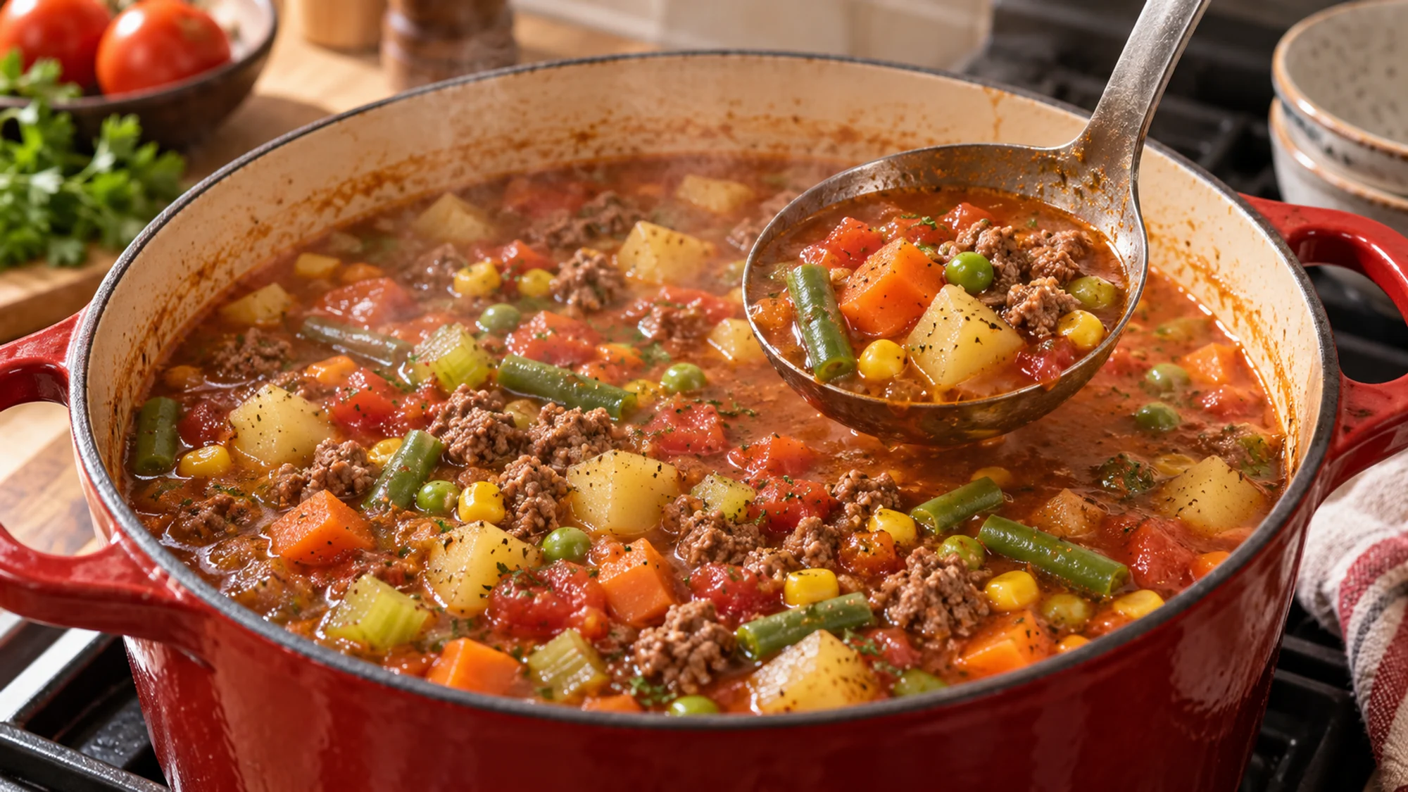 Hamburger vegetable soup simmering in a Dutch oven
