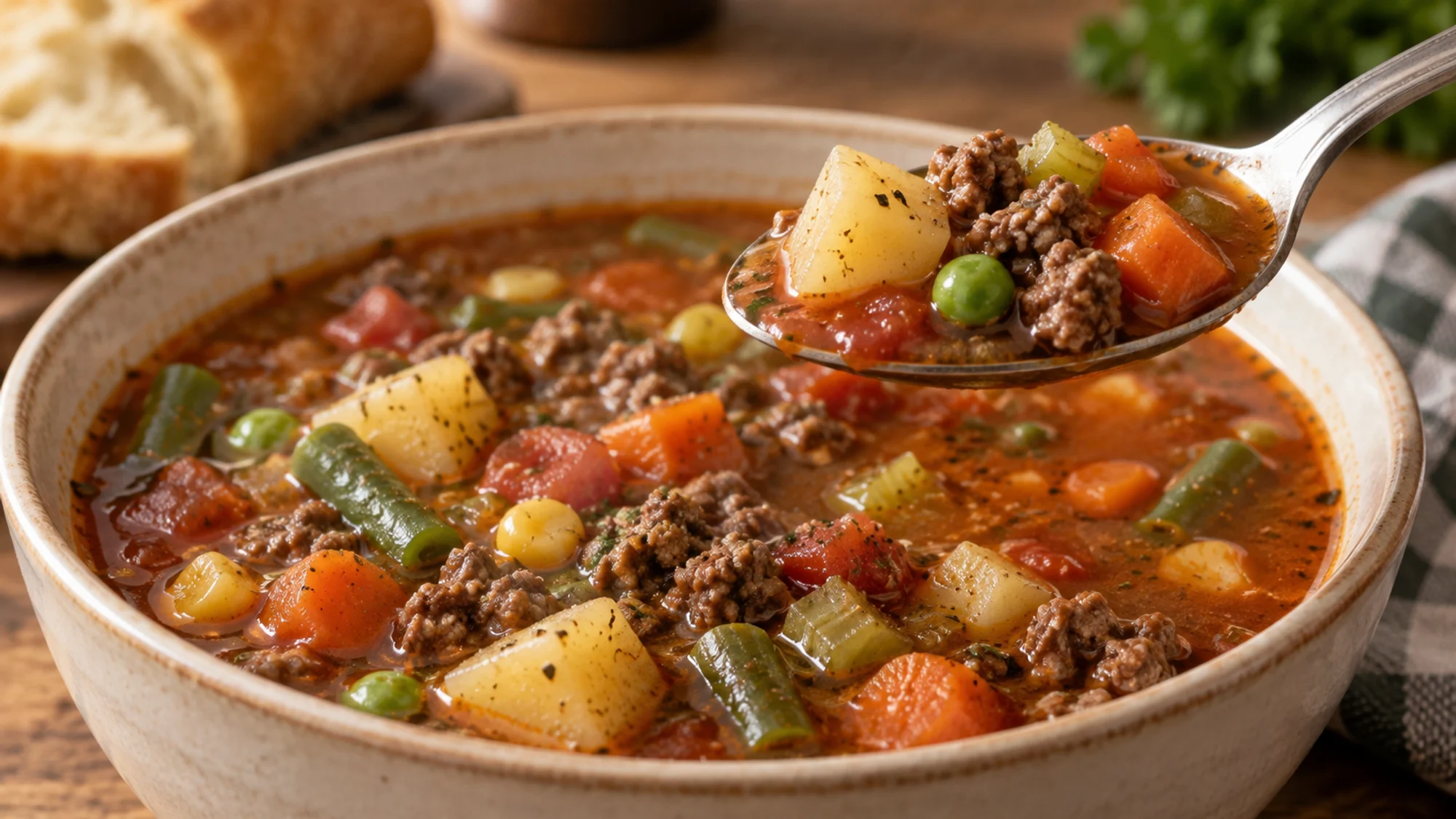 Spoonful of hamburger vegetable soup with potatoes and beef