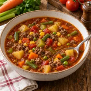 Hamburger vegetable soup with tender vegetables