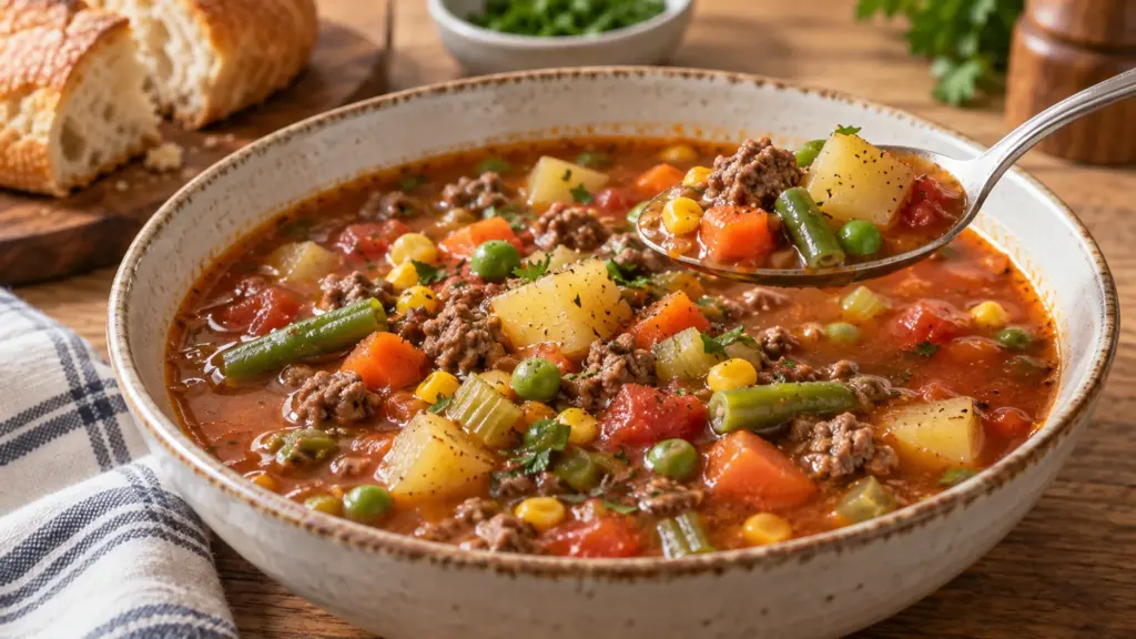 Hamburger vegetable soup with beef potatoes carrots and tomato broth