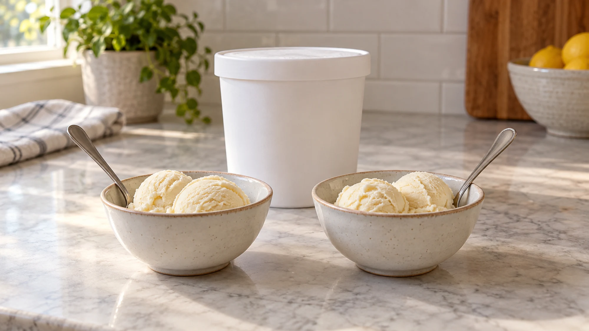 Matching bowls of vanilla ice cream arranged for a serving comparison