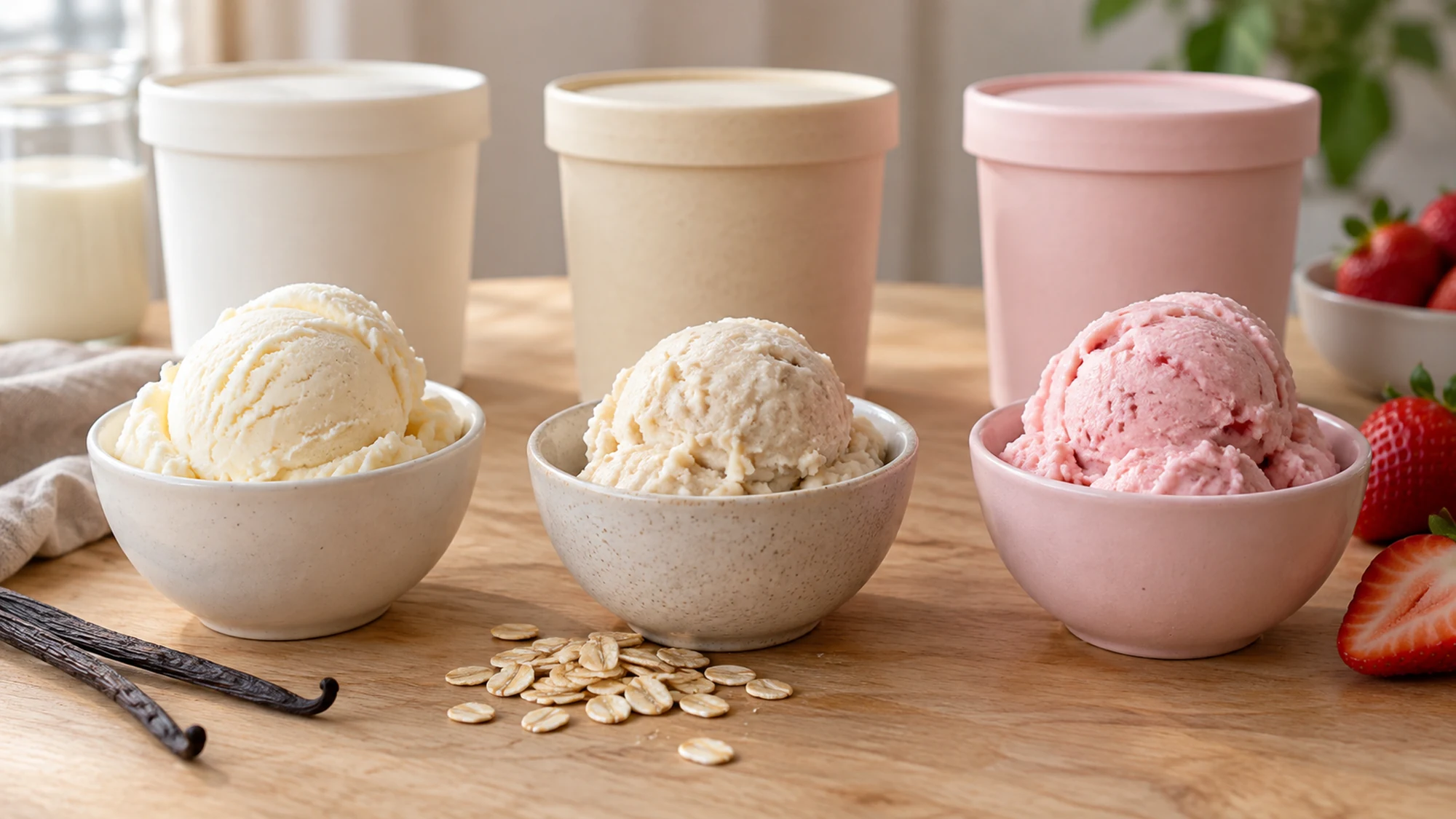 Small bowls of dairy, oat-based and strawberry yogurt frozen desserts