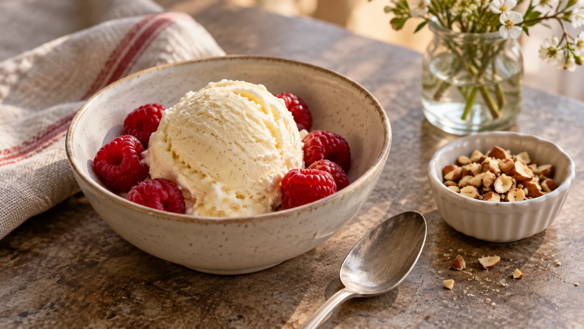 Vanilla ice cream with raspberries and chopped nuts in a separate dish