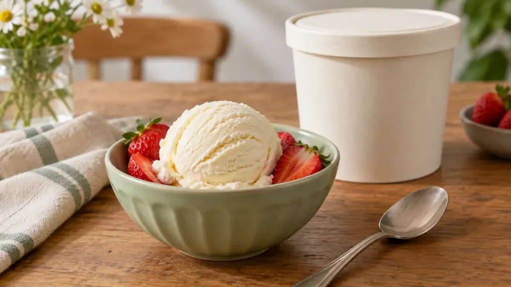Modest vanilla ice cream scoop with strawberries beside an unmarked carton