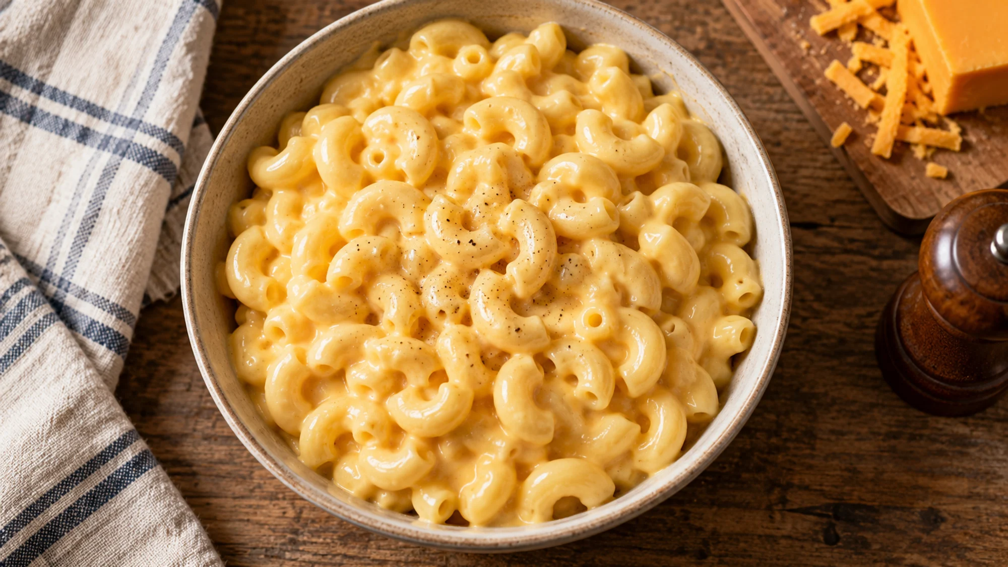 Overhead bowl of creamy stovetop macaroni and cheese