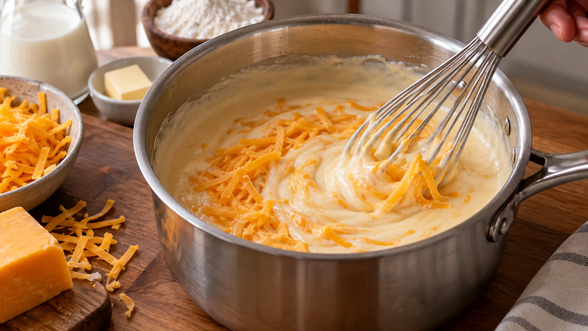 Grated cheddar melting into warm milk sauce off the heat