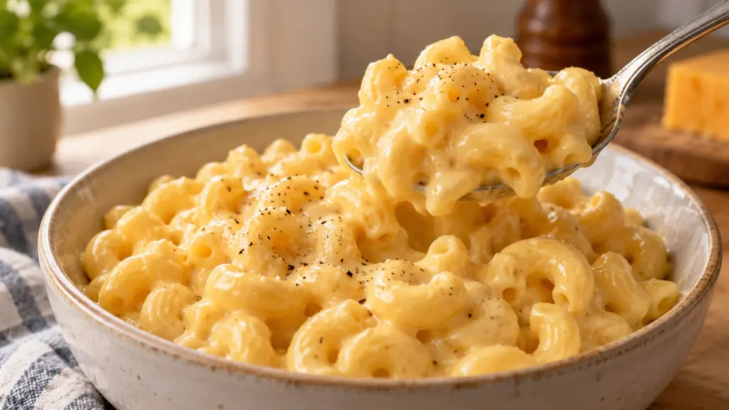 Homemade mac and cheese with silky cheddar sauce