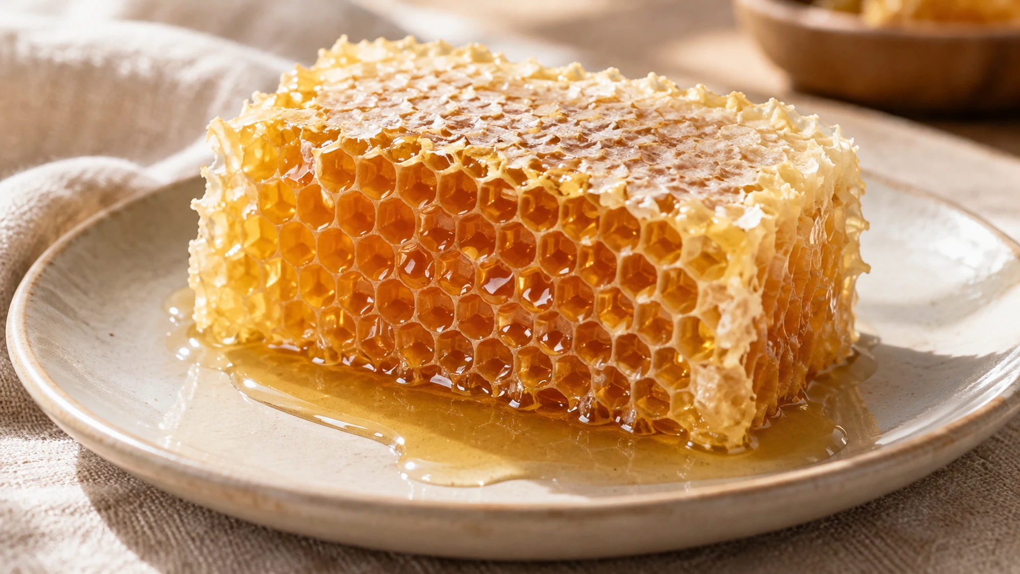 A cut honey comb showing hexagonal beeswax cells filled with honey.