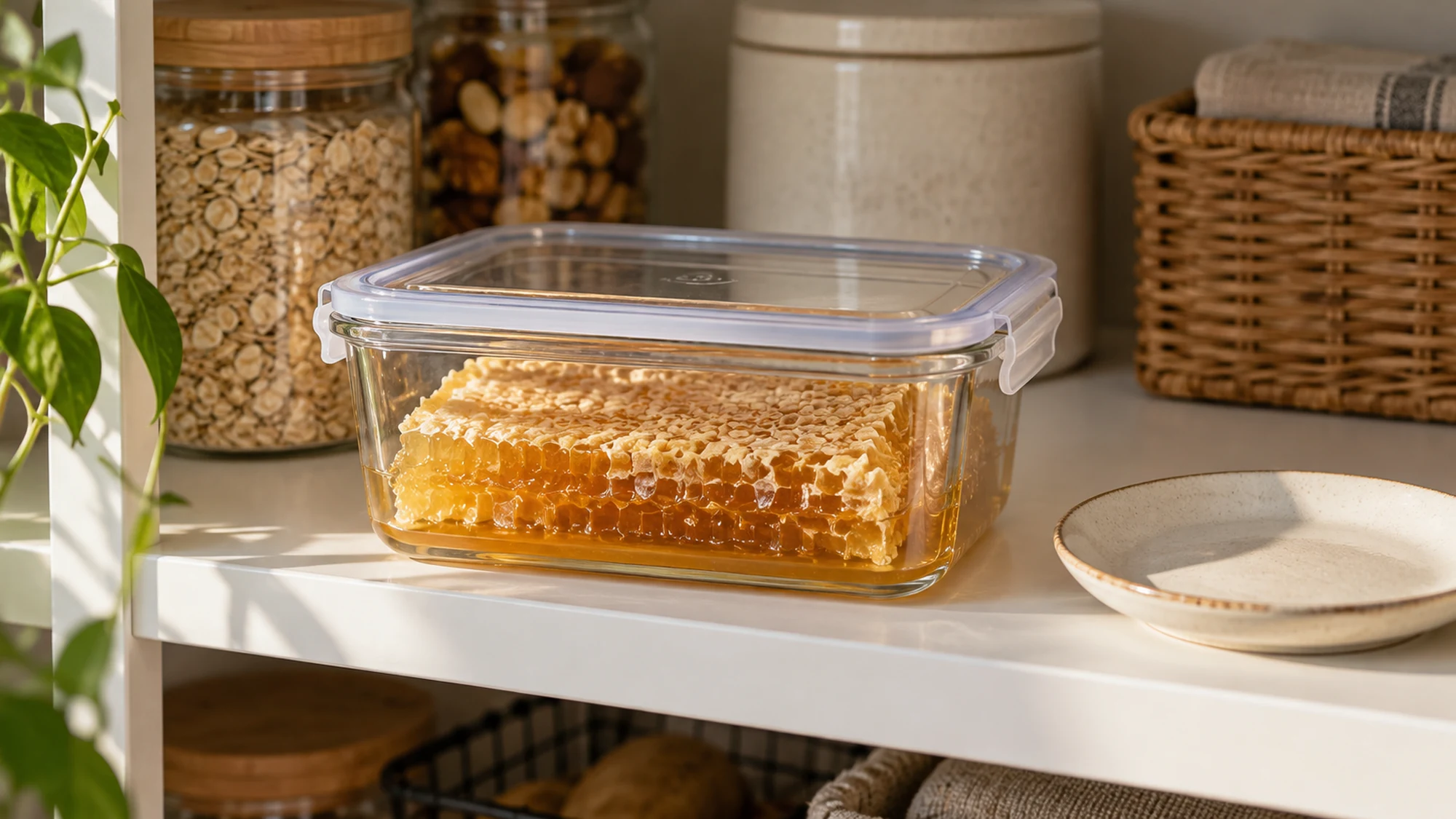 A sealed food container holding honey comb on a shaded pantry shelf.