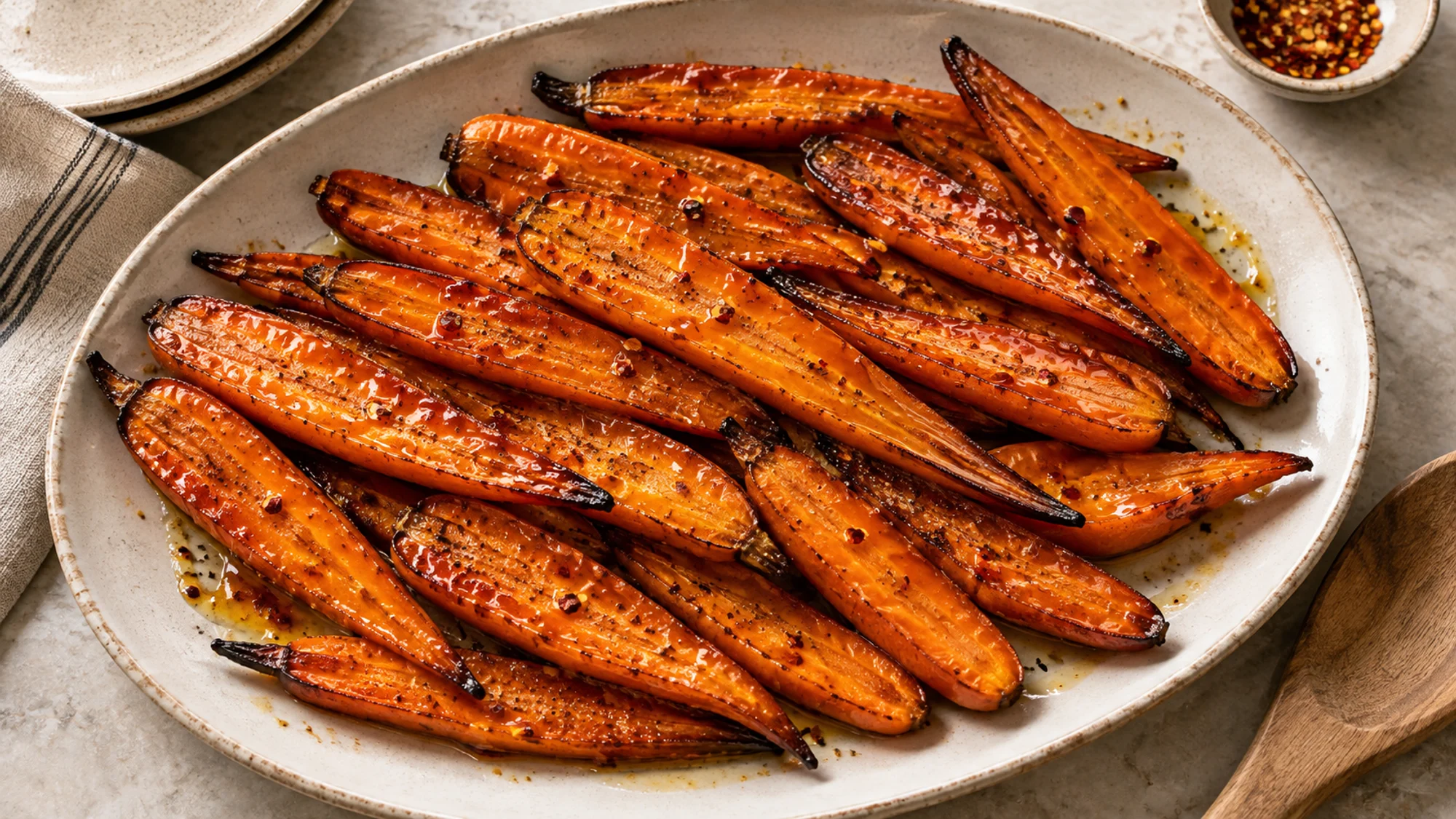 Overhead platter of hot honey carrot halves