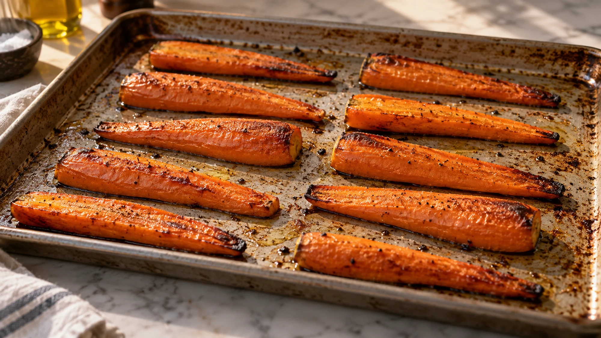 Carrot halves spaced on a rimmed roasting pan
