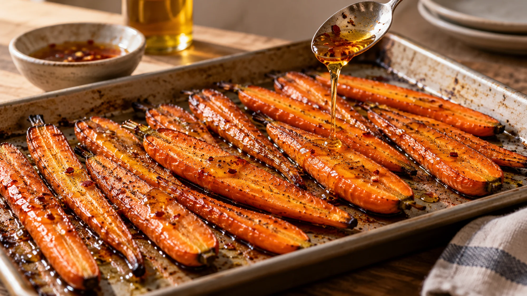 Honey chili glaze spooned over nearly roasted carrots