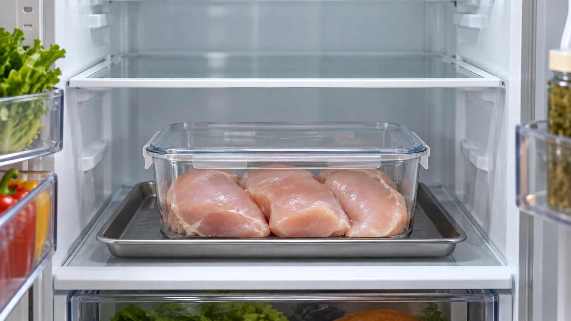 Raw chicken breasts in a sealed container on a rimmed refrigerator tray
