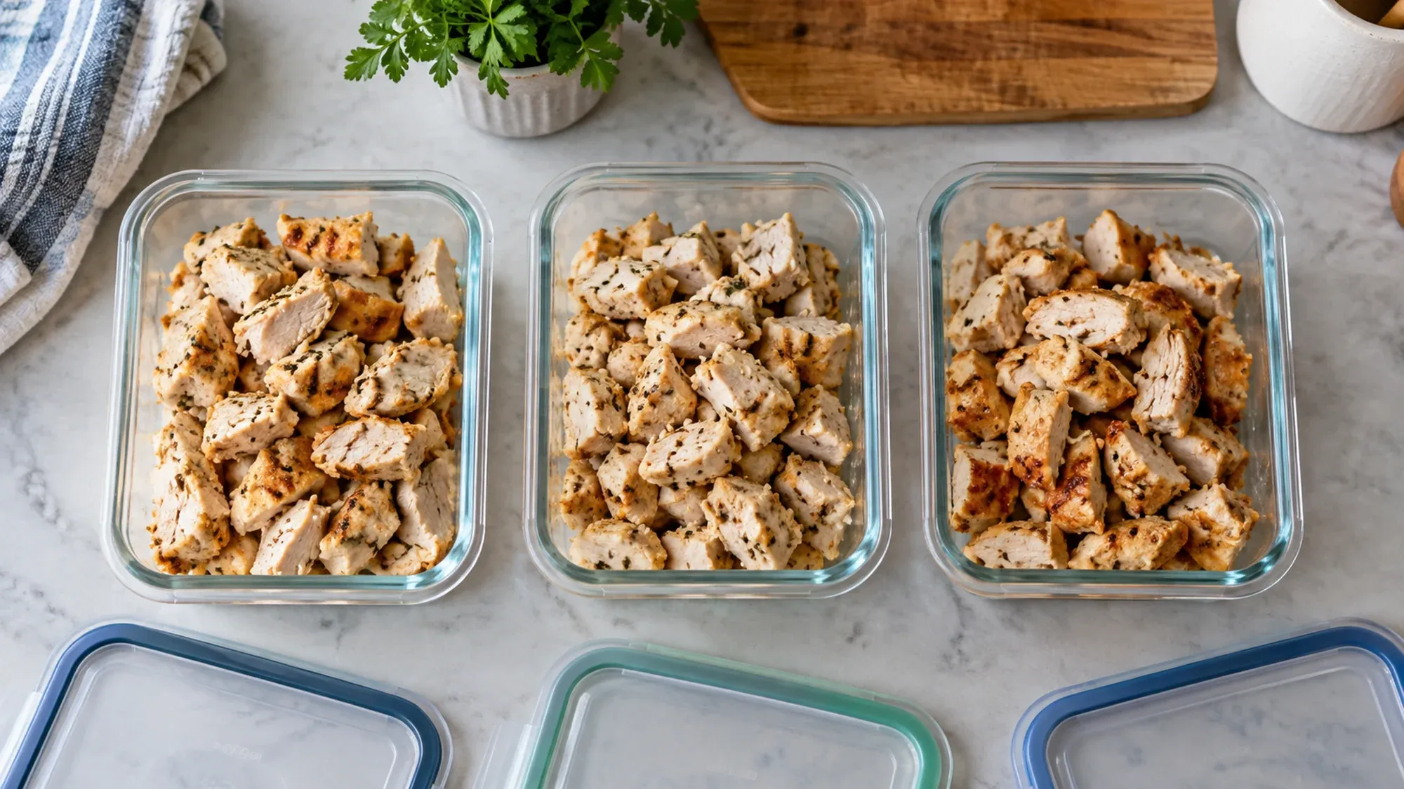 Cooked chicken divided among shallow storage containers