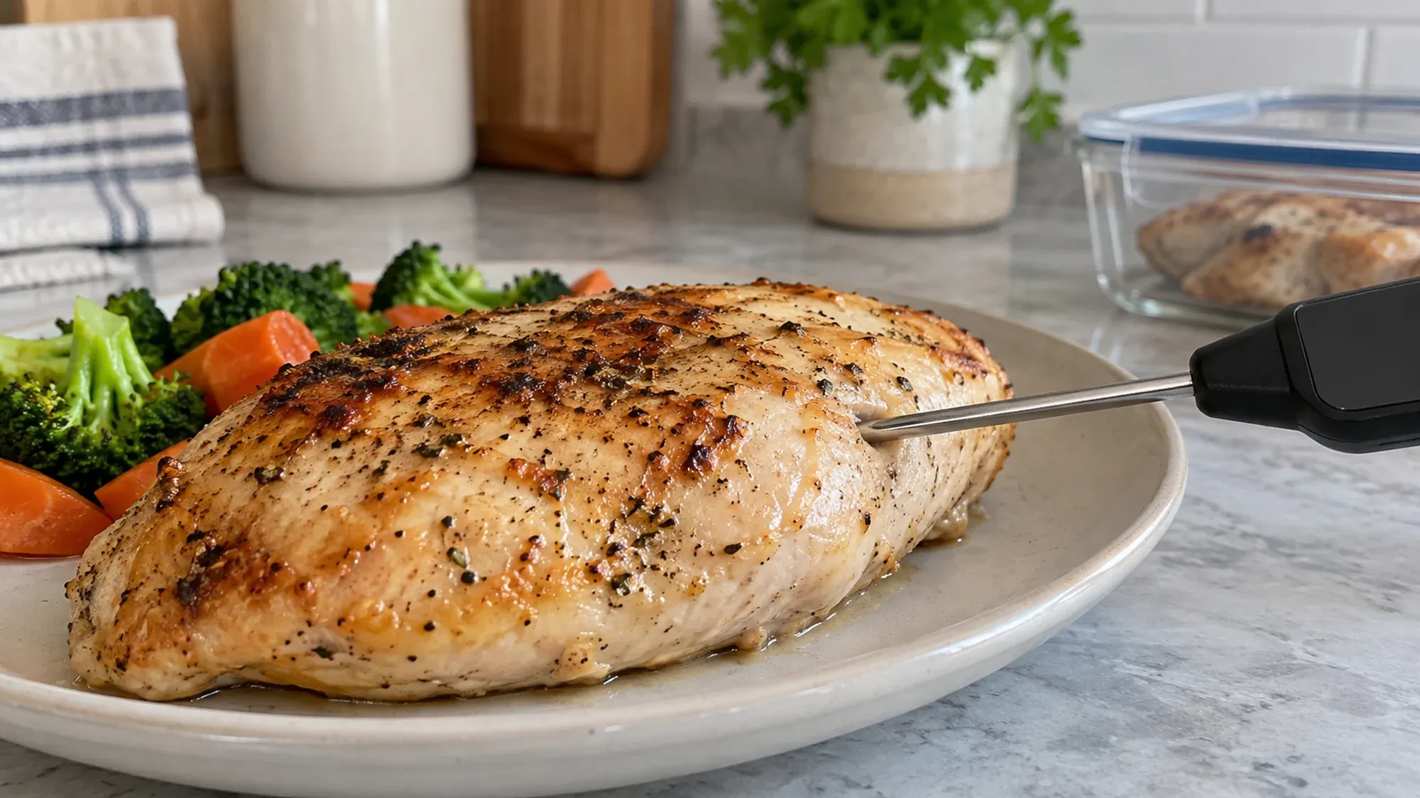 Food thermometer probe checking the thickest part of a cooked chicken breast