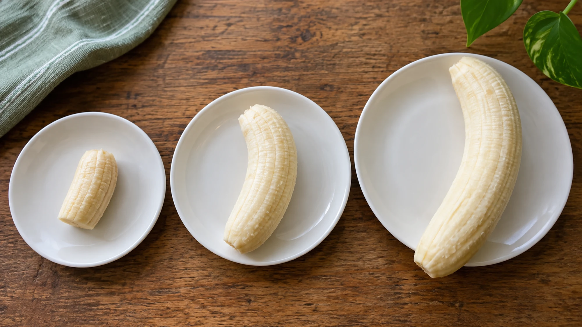 Three peeled banana portions of different sizes on separate white plates.