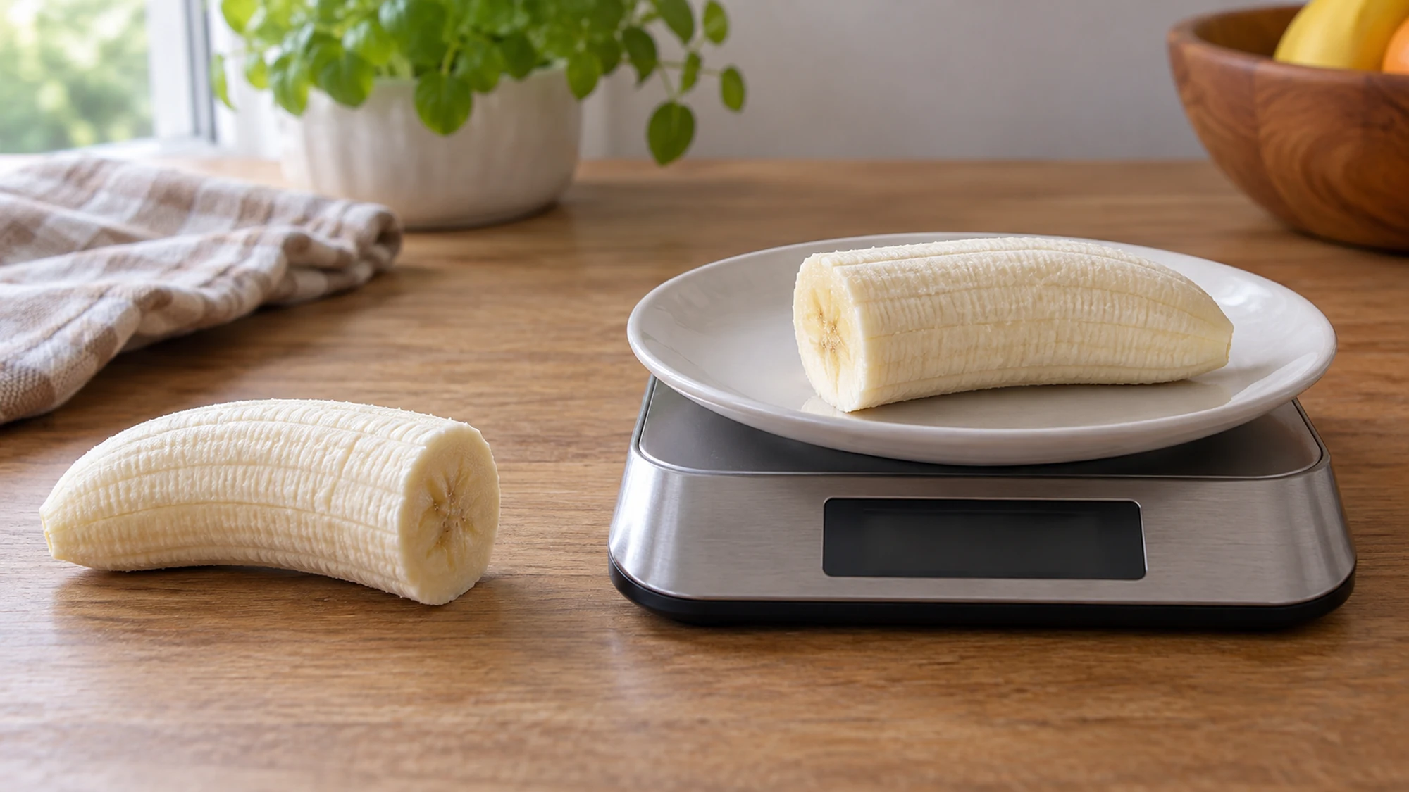 A peeled banana portion on a plate on a kitchen scale beside another portion.