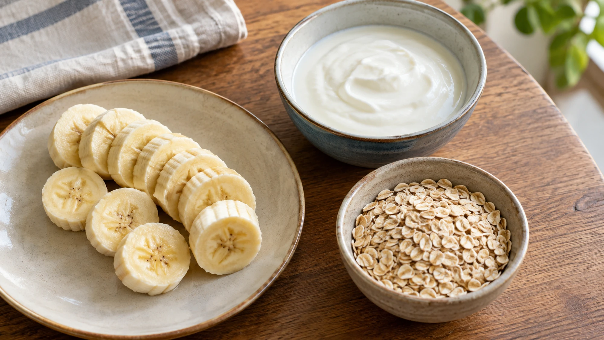 Sliced banana beside separate bowls of plain yogurt and rolled oats.