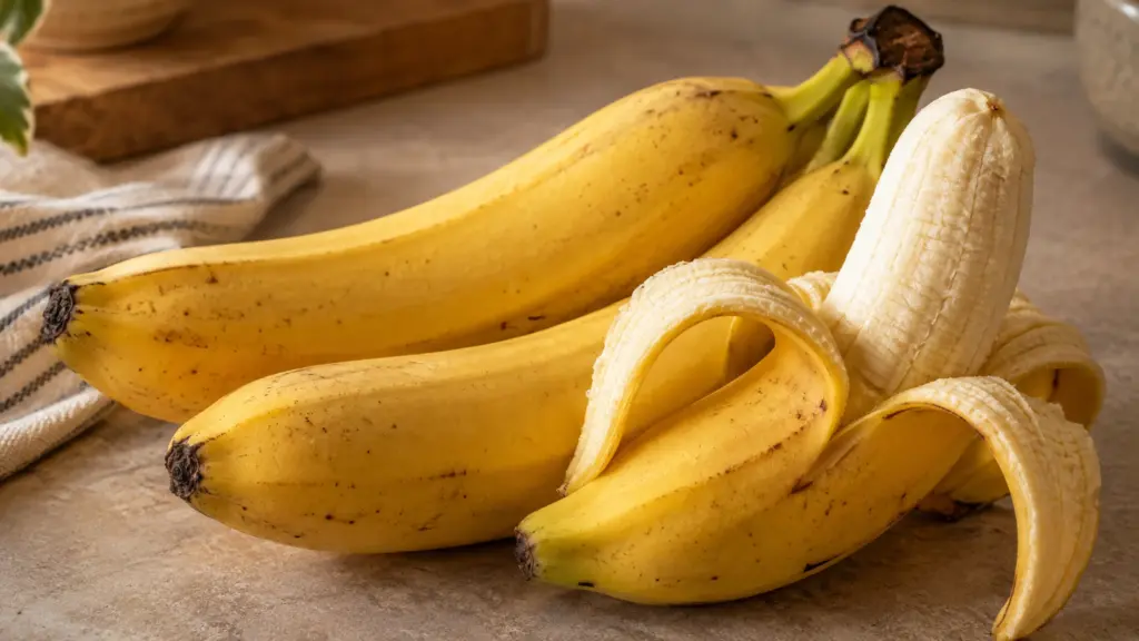 Ripe yellow bananas with one banana partly peeled on a warm kitchen surface.
