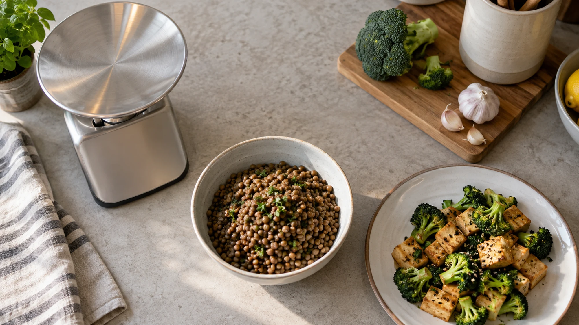 Kitchen scale beside a bowl of lentils and a plate of tofu and vegetables