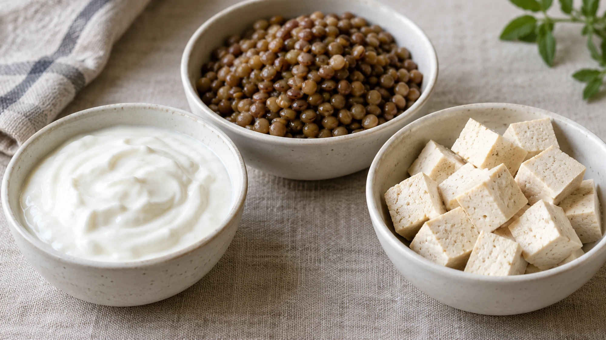 Plain yogurt, cooked lentils and firm tofu shown in separate ceramic bowls