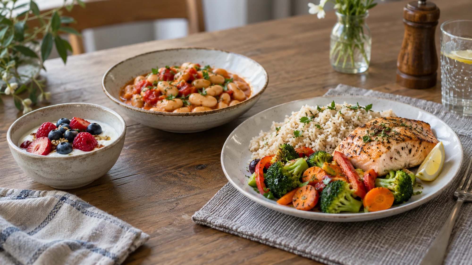 Three ordinary meals featuring yogurt, beans and cooked fish on a dining table