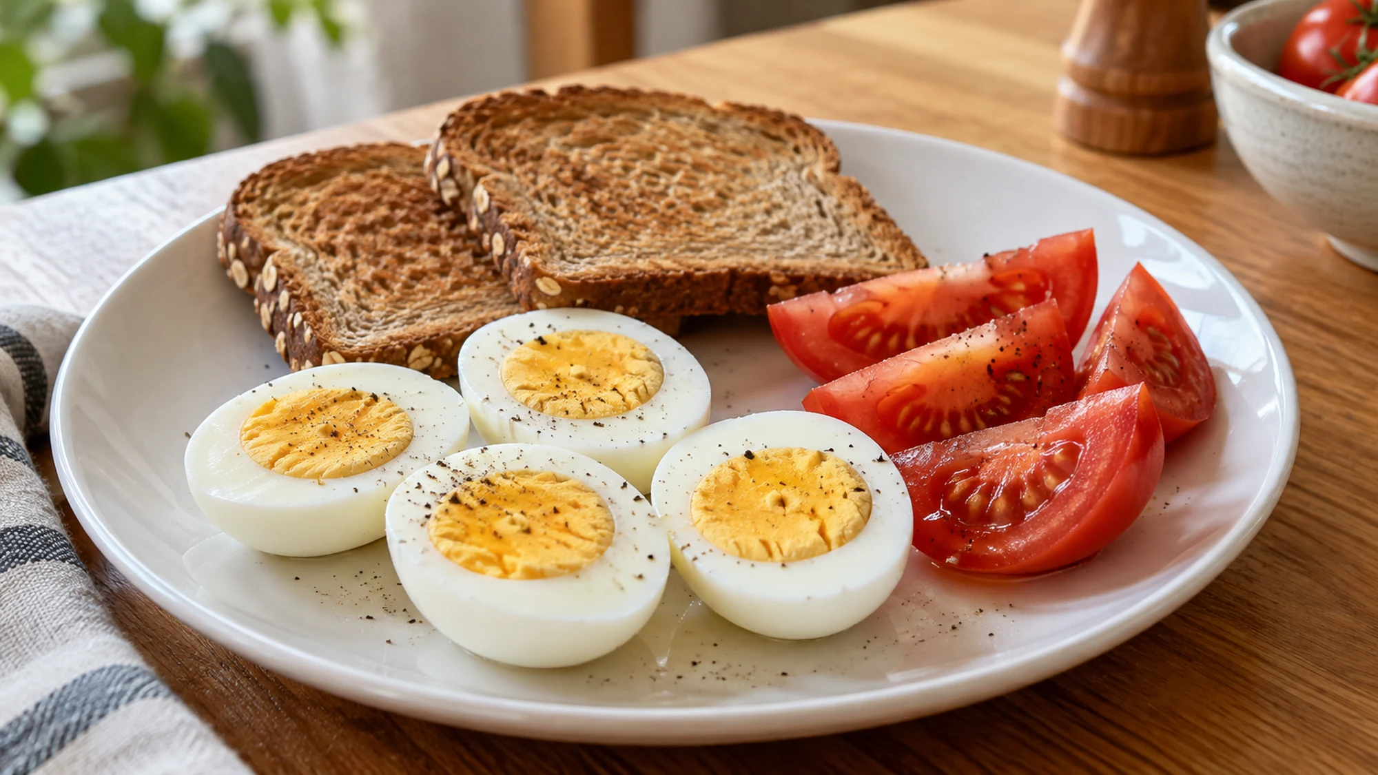 Cooked egg halves served with whole-grain toast and tomatoes
