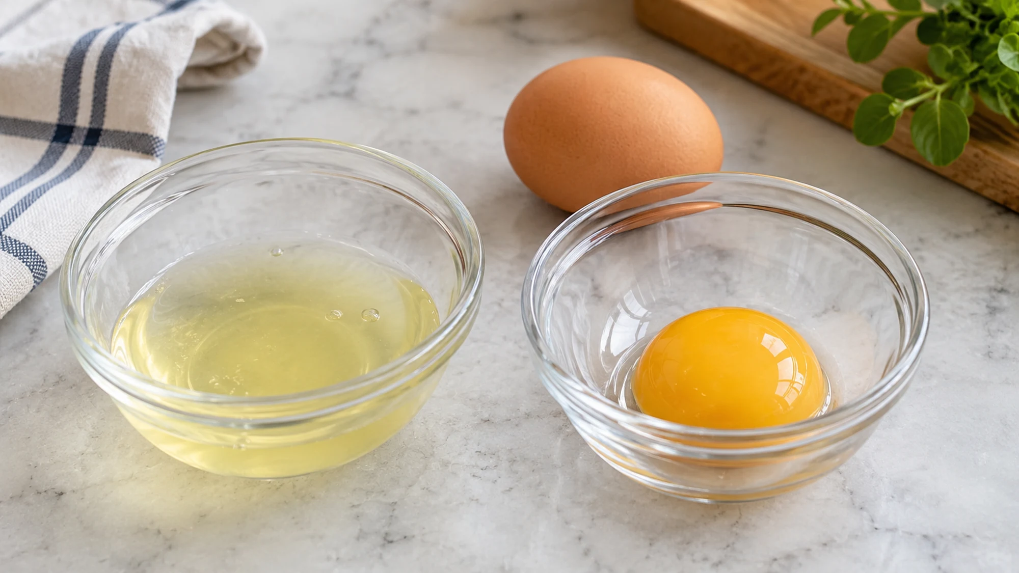 A separated raw egg white and yolk in two small glass bowls
