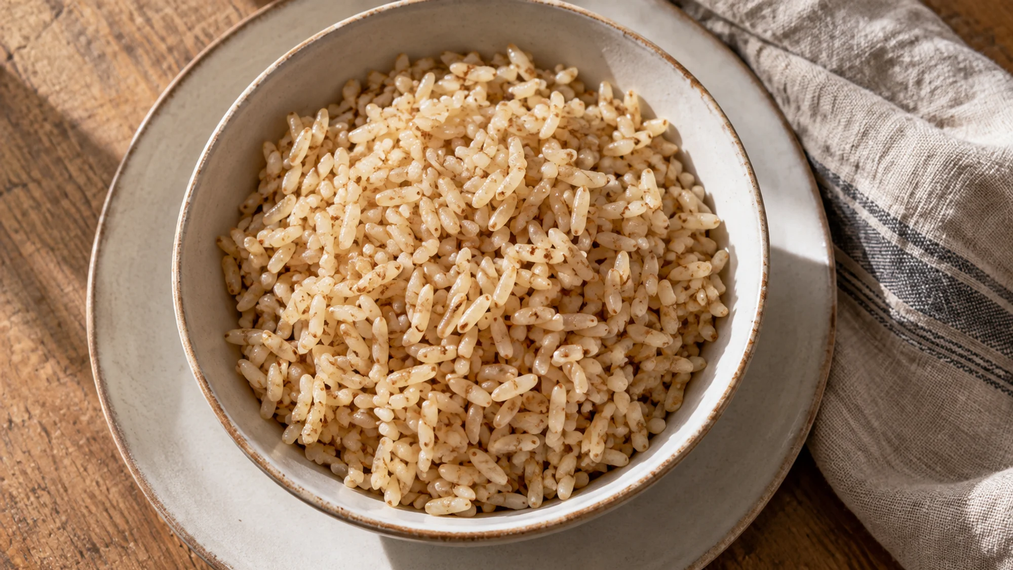 Overhead bowl of plain cooked brown rice