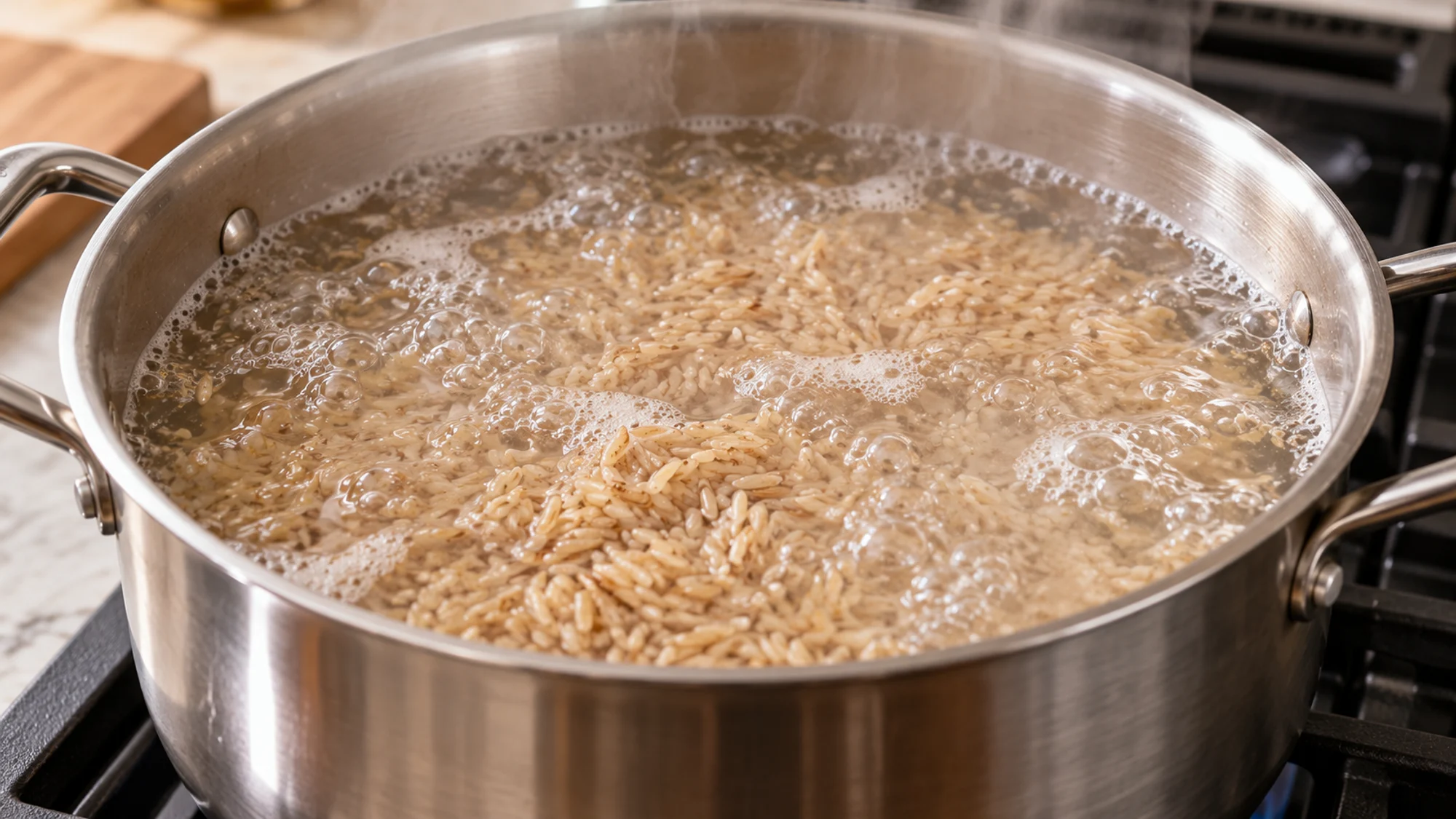 Brown rice boiling in excess water