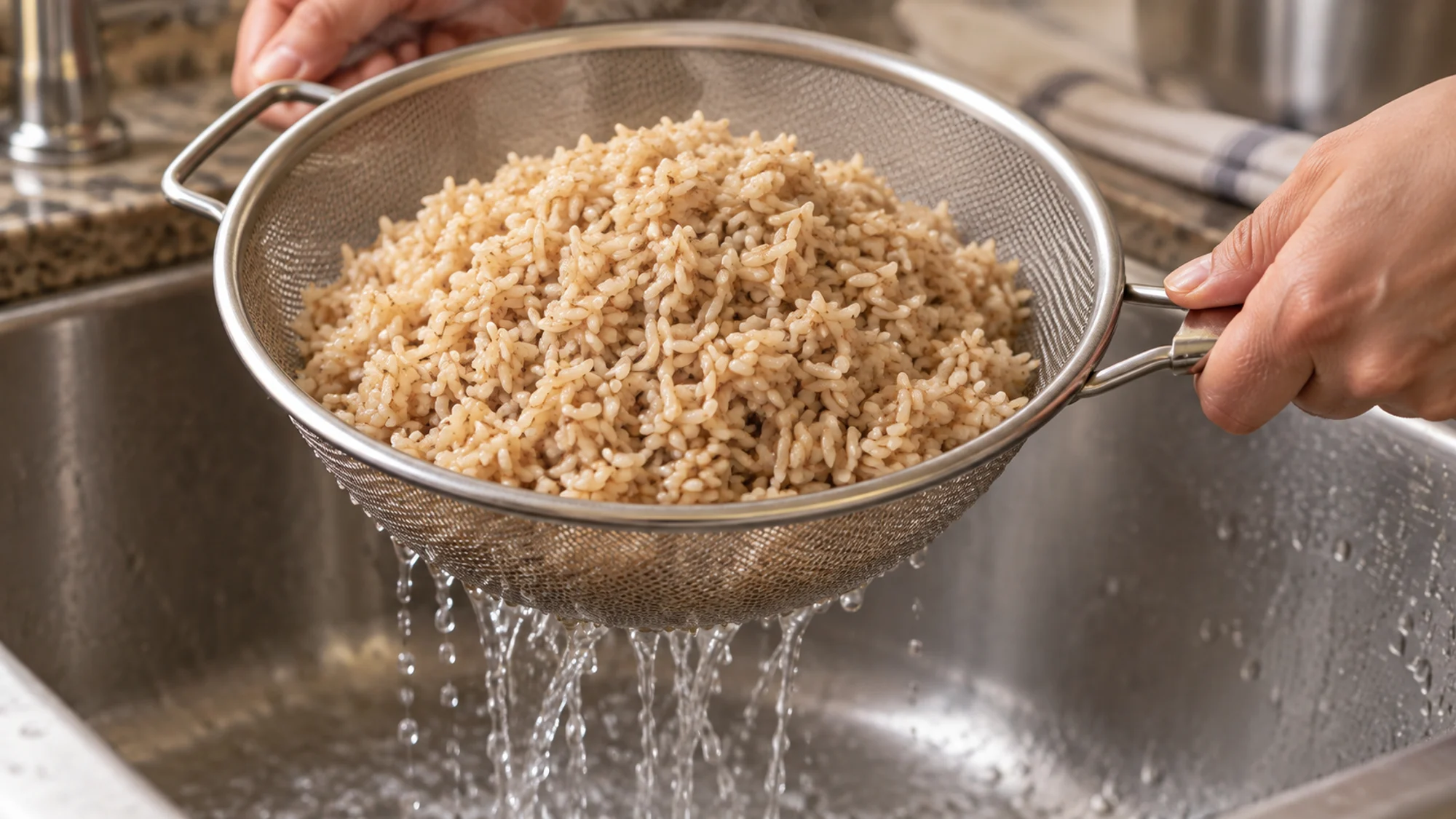 Draining cooked brown rice in a fine-mesh strainer