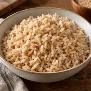 Tender separate grains of cooked brown rice