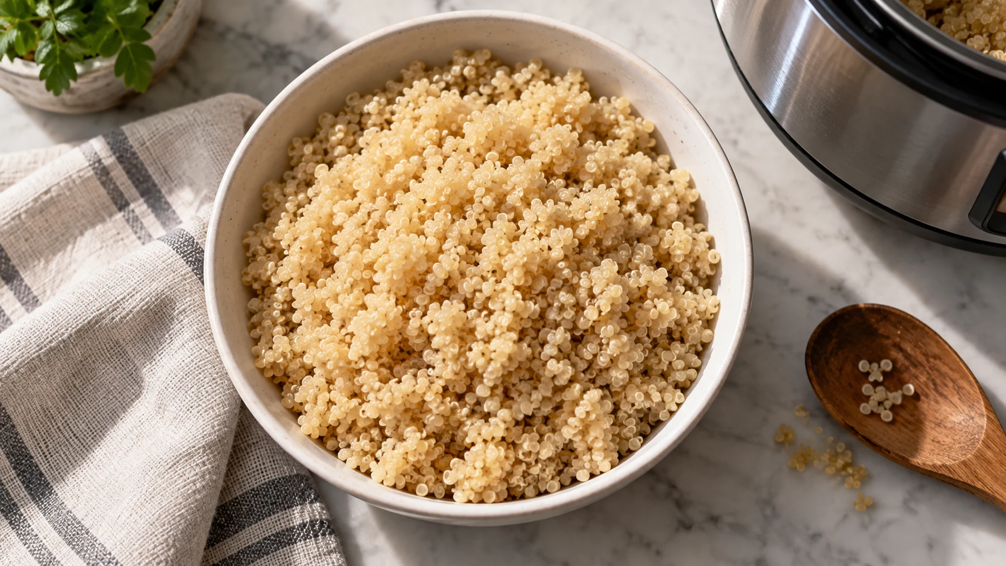 Overhead view of how to cook quinoa in a rice cooker with its finished ingredients visible.
