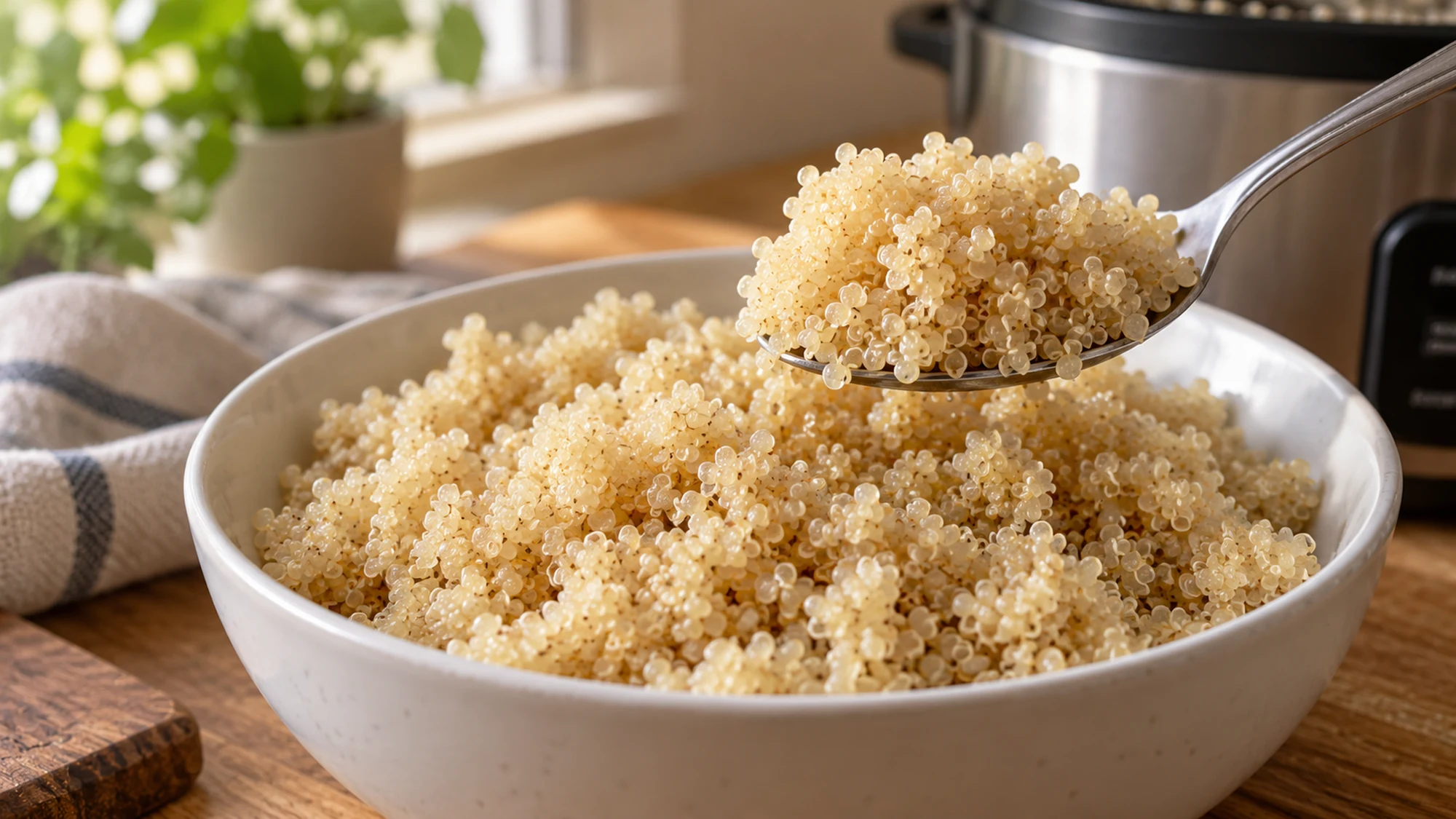 Close serving detail of how to cook quinoa in a rice cooker. Spoon lifting fluffy cooked quinoa with individual grains visible.