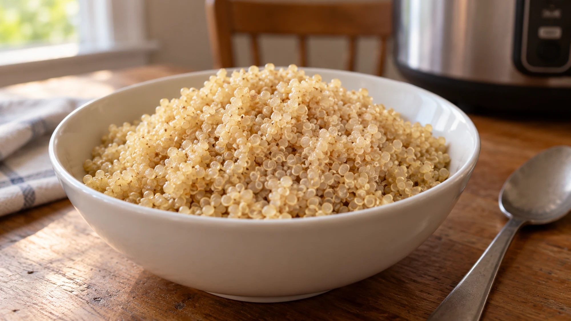 how to cook quinoa in a rice cooker arranged for serving on a simple home table.