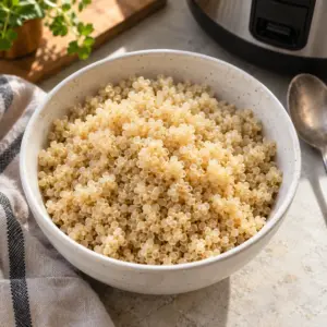 Square close-up of the finished how to cook quinoa in a rice cooker.