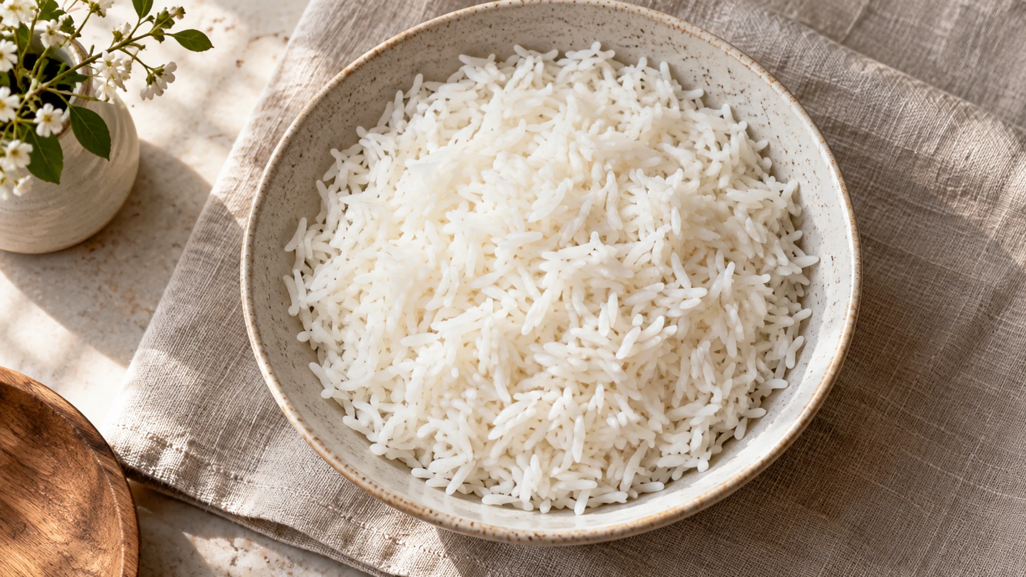 Overhead bowl of plain long-grain white rice